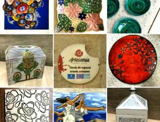 Fotos de las piezas que se realizan y el distintivo de Tienda de especial interés artesanal 