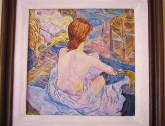 trabajo de la reproduccion de un pastel de Toulouse Lautre sobre una baldosa opaca en tercer fuego