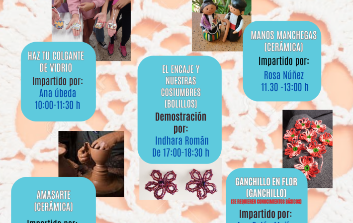 Cartel con los distintos talleres que se van a impartir el día 7 de abril en la Biblioteca Pública del Estado. Calle San José de Calasanz, nº 14 02002 Albacete. De distintas disciplinas: vidrio, Cerámica, alfarería, crochet, y bolillos. mas informacion en www.bibliotecaspublicas.es/albacete y coartealba@hotmail.com