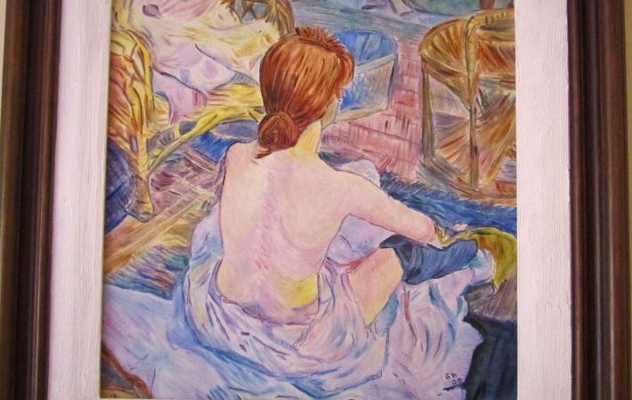 trabajo de la reproduccion de un pastel de Toulouse Lautre sobre una baldosa opaca en tercer fuego