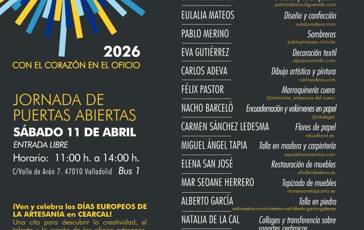 JORNADA DE PUERTAS ABIERTAS CENTRO DE ARTESANÍA DE CYL. SÁBADO 11 DE ABRIL DE 2026 DE 11H A 14H. ENTRADA LIBRE